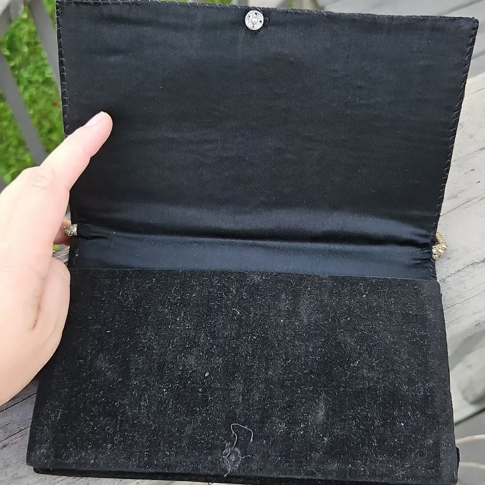 Vintage Black Velvet Clutch with Gold Metal Wire Coilwork Embroidery